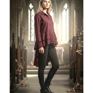 a.n.a. Blouse Burgundy Layered Tiered X long Shirttail Boho Fairy Goth SZ M